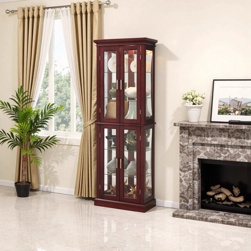 Lighted Curio Display Cabinet with Adjustable Glass Shelves, Mirrored Back, and Tempered Glass Doors - Cherry Finish, 6 Tier
