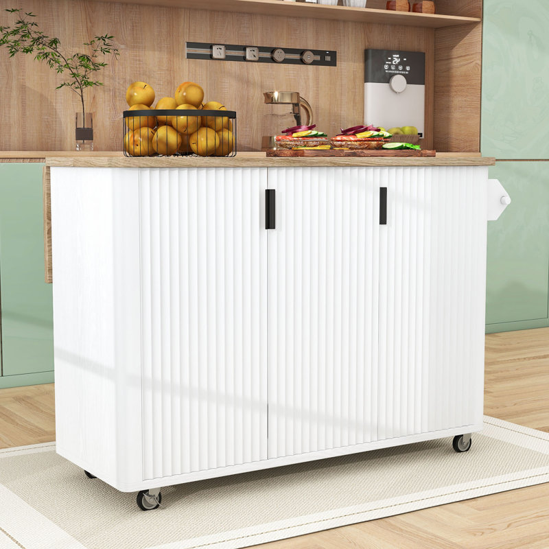 Chariot pour îlot de cuisine roulant Erela Farmhouse avec abattant et supports de rangement internes, Bois de frêne blanc