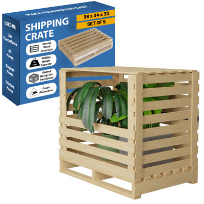 Wooden Stackable Shipping Crate With Slatted Heavy Duty Structure, Easy To Storage & Transport Any Items, Set Of 5, 36 X 34 X 32, Beige
