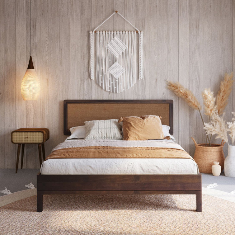Modern Farmhouse Platform Bed Frame Queen Size with Headboard Solid Wood  Walnut