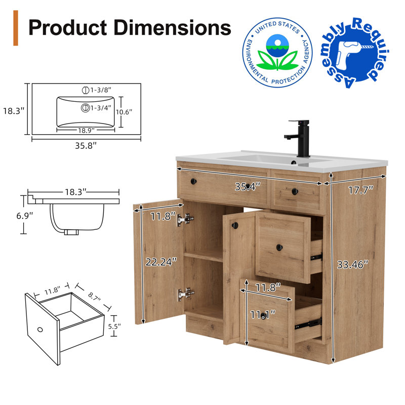 Ensemble de meuble-lavabo simple 36 po avec plateau en résine Jadaya, assemblage requis, Chêne