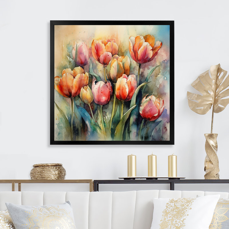 Orange Serenade de tulipes - art mural de tulipe pour le salon, Cadre simple noir, H 16 po x l 16 po x P 1 po