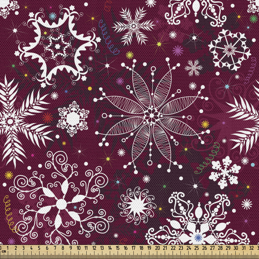 fab_47921_ Winter Fabric By The Yard, Floral Flakes With Colorful Swirls Dots And Stars Xmas Party, Decorative Fabric For Upholstery And Home Accents, Maroon White Multicolor East Urban Home 
