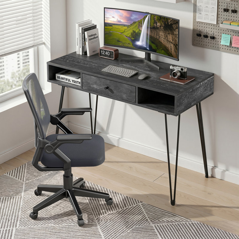 2 Piece Computer Desk Office Set with Chair, Gray/Black