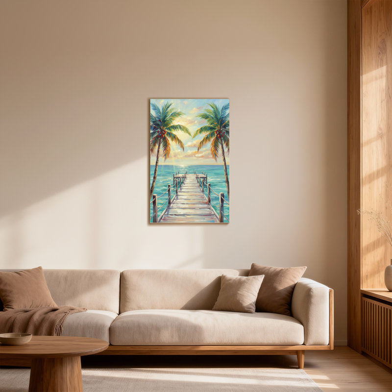 Plantes et fleurs, palmiers tropicaux, quai en bois, océan, coucher de soleil, ciel, H 12 po x l 18 po