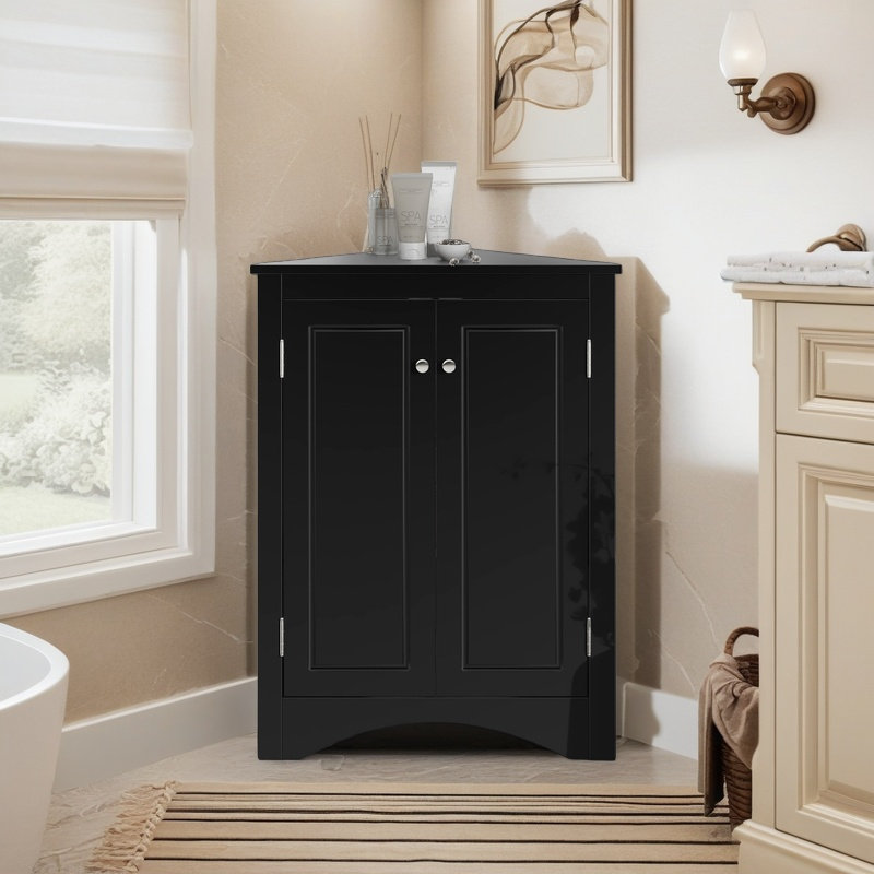 31.5″ H Triangle Bathroom Storage Cabinet With Adjustable Shelves, Freestanding Floor Cabinet, Black