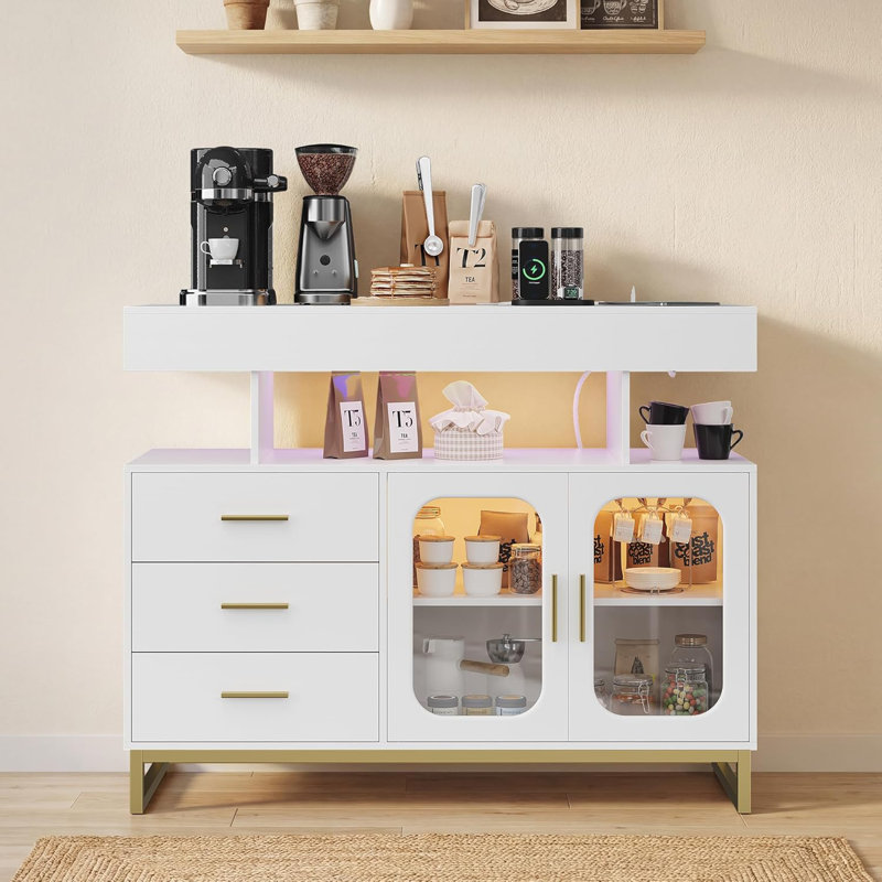Modern Sideboard Buffet Cabinet with Auto-Sensor RGB LED Lights & Built-in Charging Station, Coffee Bar Table with Storage, 3 Drawers & 2 Doors for Dining Room, Kitchen, Living Room