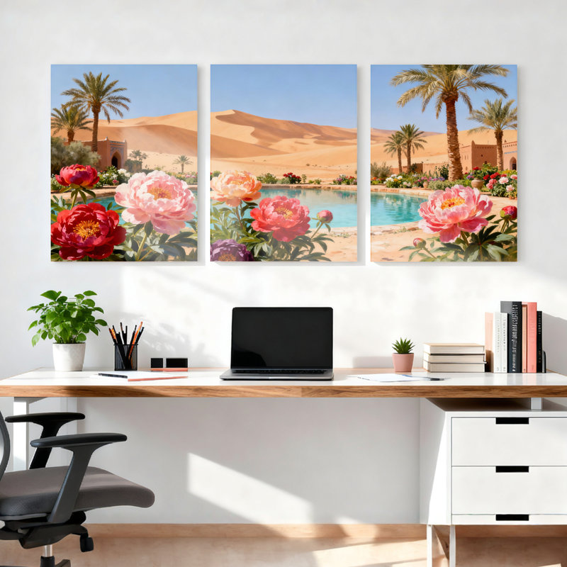 Ensemble de 3 tableaux sur toile représentant une oasis désertique avec palmiers et pivoines, idéal pour la décoration du salon, de la chambre ou de la maison.