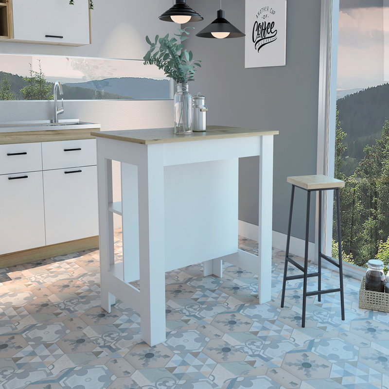 Îlot de cuisine antibactérien, trois tablettes, quatre pieds, Blanc/naturel