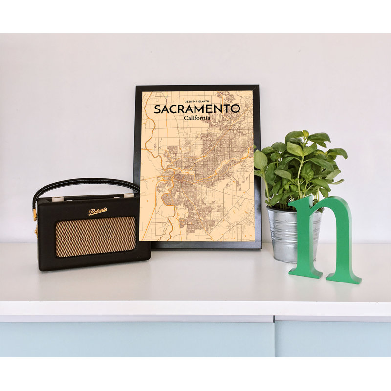 «Sacramento City Map», reproduction d'impression sur affiche en orange clair, H 17 po x l 11 po