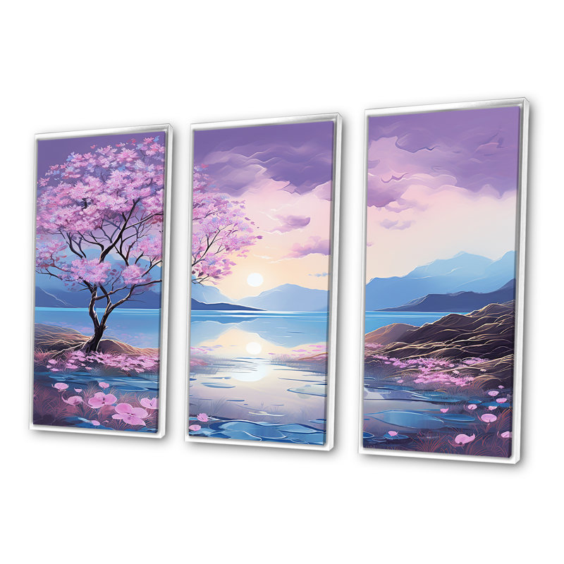 «Beautiful Pink Rhododendron Landscape I - Flower Field», ensemble d'art mural sur toile, Cadre flottant blanc