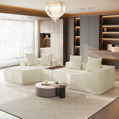 Modular Corduroy Oversize 320cm 4-Sets Boneless Sofa With End Table, No Assembly Required, With High Rebound Sponge