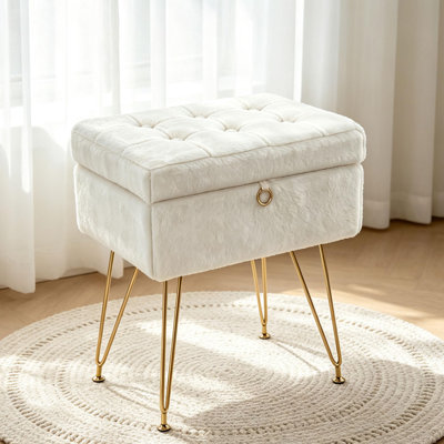 Tabouret ottoman de rangement moderne avec repose-pieds capitonné de 40 cm, siège rembourré en mousse à mémoire de forme, pieds en métal doré antidérapants, idéal pour chambre, dressing ou salon - Blanc, imitation fourrure