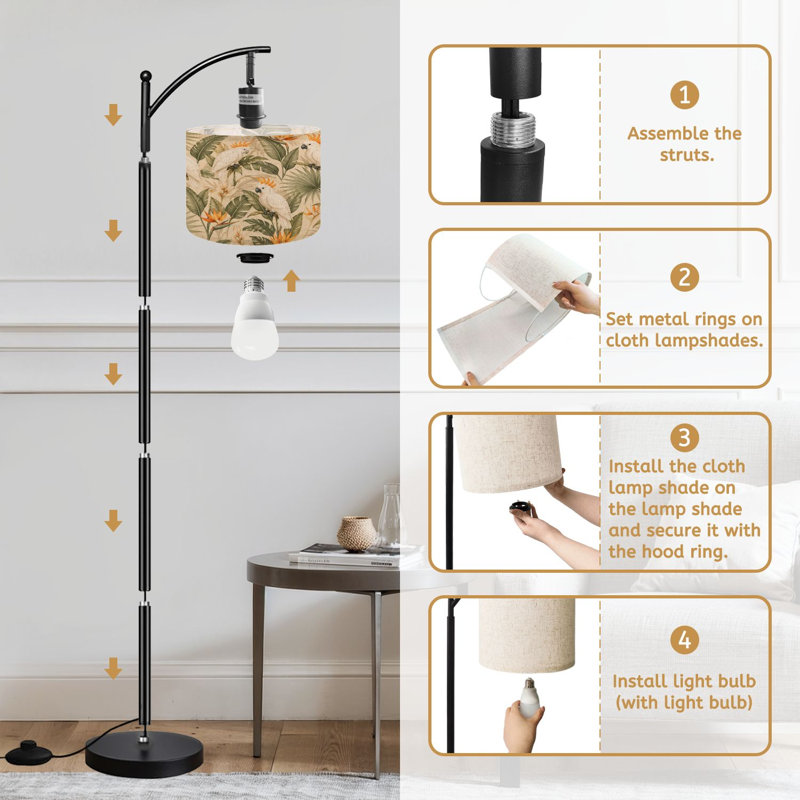  Arc Floor Lamp seamless tropical cockatoo exotic leaves White birds green Modern Tall Modern Standing Lamp LED Adjustable Linen Lampshade 3 Color Temperatures