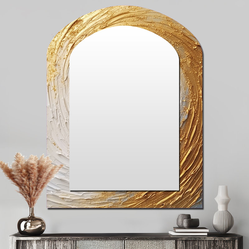 Gold Cream Infinite Swirls IV - Abstract Spirals Asymmetrical Decorative Wall Mirror, Modern Arch Mirror, Printed Metal Art