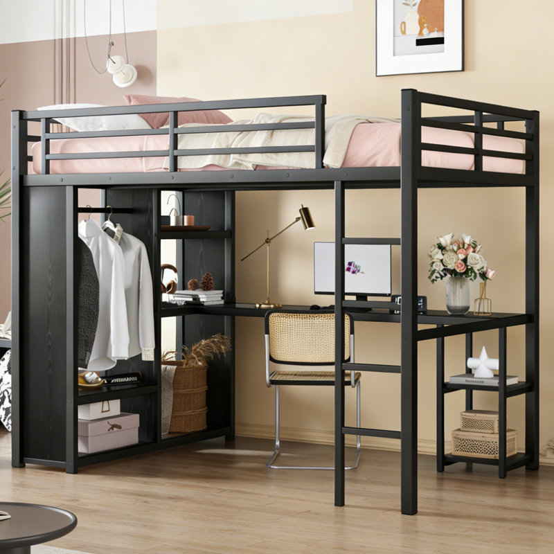Queen Size Metal Loft Bed Frame With Built-In Wardrobe, Desk & Storage Shelves, No Box Spring Needed, Black, Space-Saving For Bedrooms & Dorms
