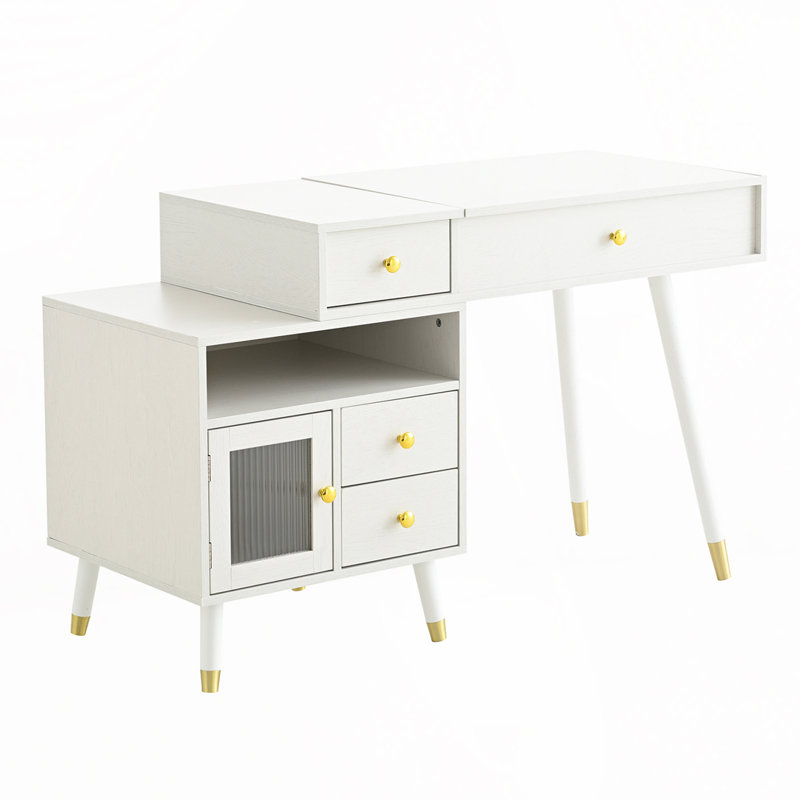 Vanity Desk with Lighted Flip-Top Mirror & Adjustable Cabinet, White