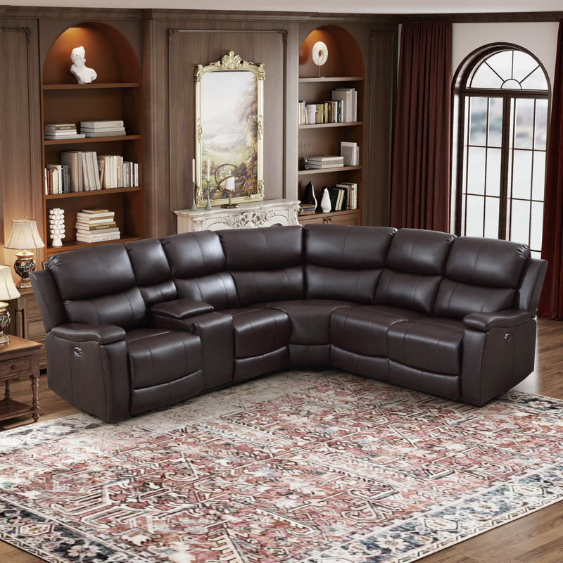 Wayland 96" Wide Vegan Leather Power Reclining Sectional with Storage & Cup Holder, Walnut Faux Leather