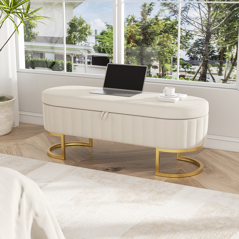 Banc de rangement rembourré en velours avec pieds en fer en forme de fer à cheval pour le salon: solution de bout de lit élégante et fonctionnelle