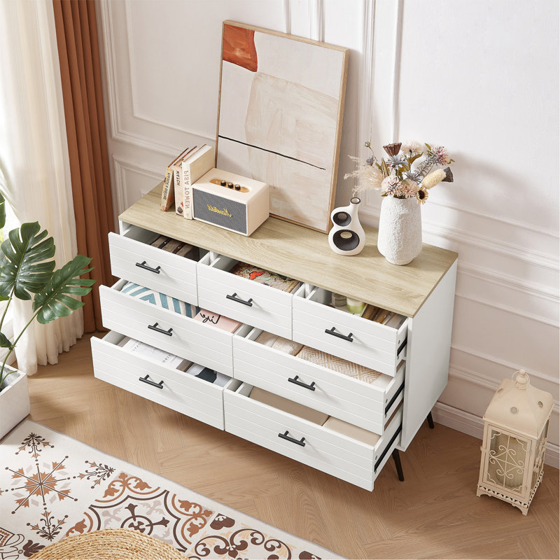Commode 7 tiroirs pour chambre à coucher avec tiroirs profonds, commodes en bois et commode, commodes longues blanches modernes pour le placard du salon, l 47,2 po x P 15,7 po x H 31,5 po, blanc et chêne