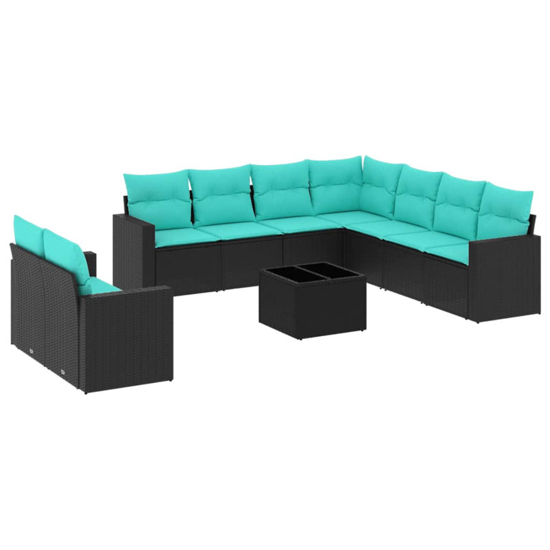 Ensemble de canapé de patio 10 pièces avec coussins en rotin de polyester, Bleu clair, Noir
