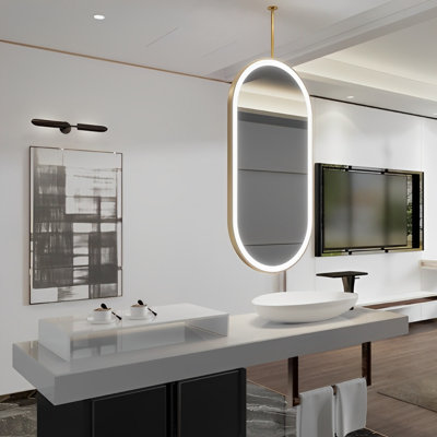 Brushed Gold Oval Ceiling Suspended Double Side Glass LED Mirrors