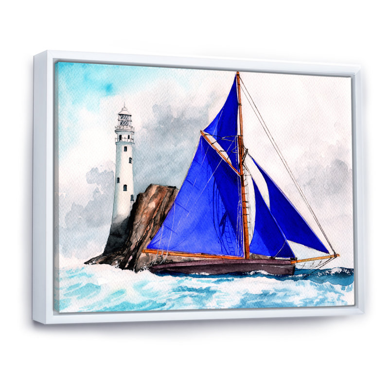 Voilier avec voiles bleues dans une mer orageuse - reproduction sur toile, H 12 po x l 20 po, Toile à cadre flottant blanc