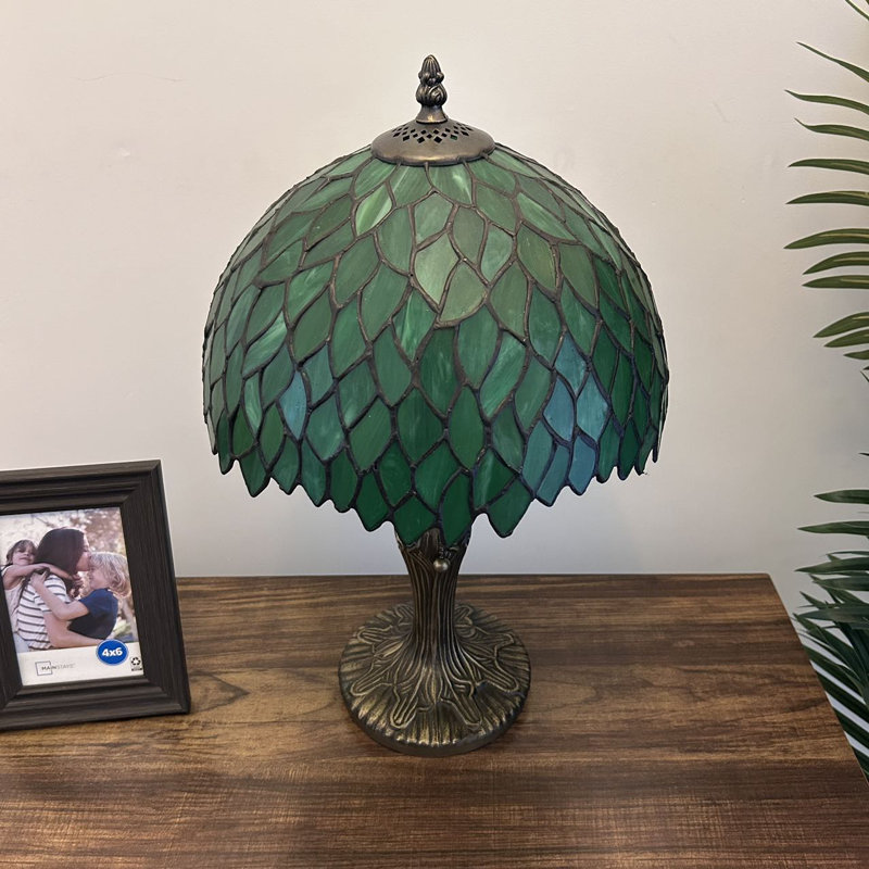 Alphonzia Tiffany Table Lamp Green Stained Glass Green Leaves Included LED Bulb 12"W*12"D*19"H