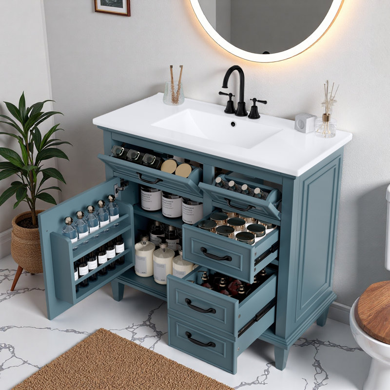 Meuble-lavabo de salle de bain avec lavabo en céramique, armoire, tiroirs, tablette réglable et poignées en alliage de zinc