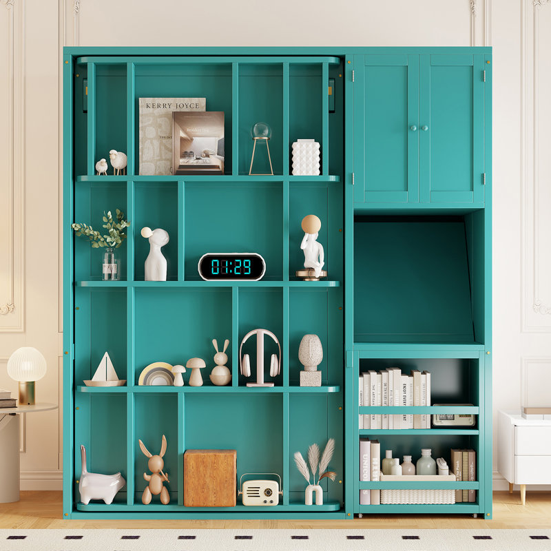 Lit escamotable simple avec bureau roulant, armoire de rangement et bibliothèque, Green