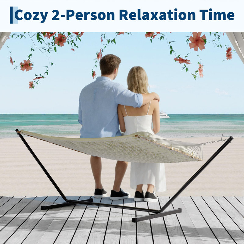 Double Quilted Hammock for 2 Person, 3.5m Large Garden Hammock with Wooden Spreader Bar & Detachable Pillow, 204kg Capacity Outdoor Swing Bed with Chains, Brownish