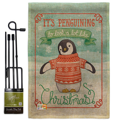 Il est penguining de regarder des impressions de noël hivernales à 2 côtés, en toile jutes, 19 po x 13 po. ensemble de drapeau