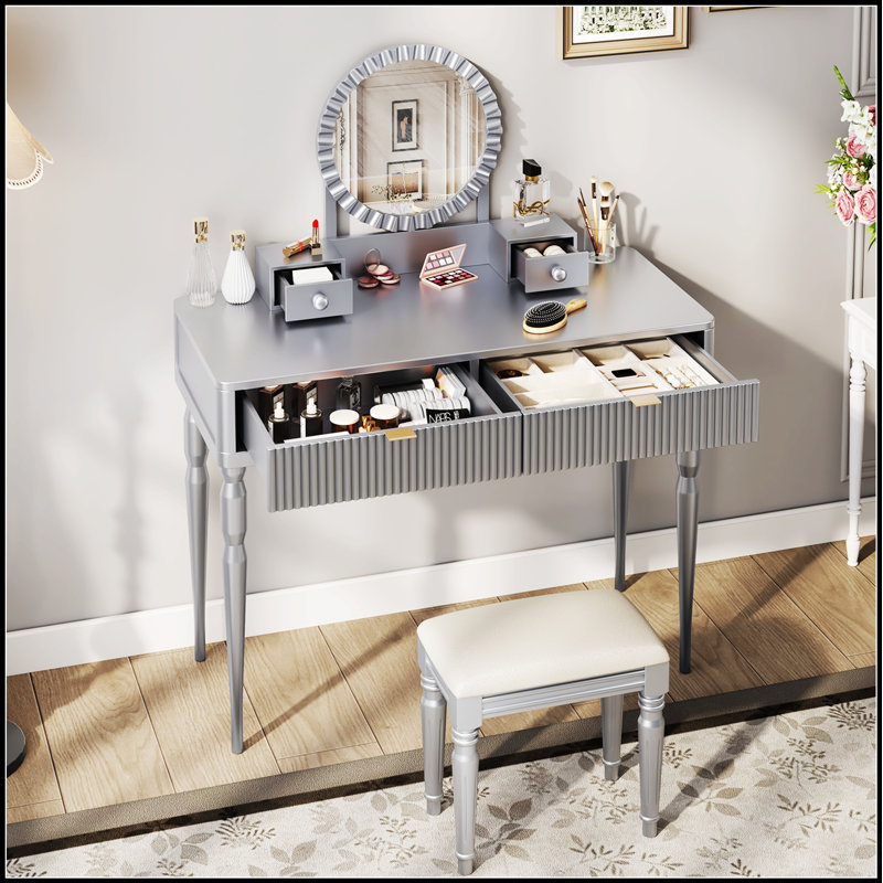 Bureau de coiffeuse de luxe avec miroir rond, hauteur réglable, ensemble de coiffeuse, 4 tiroirs et tabouret