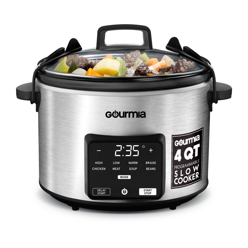Gourmia 4.5 Quart  Digital Slow Cooker With Led Display, 5 Presets, And Locking Lid, Stainless Steel, Silver