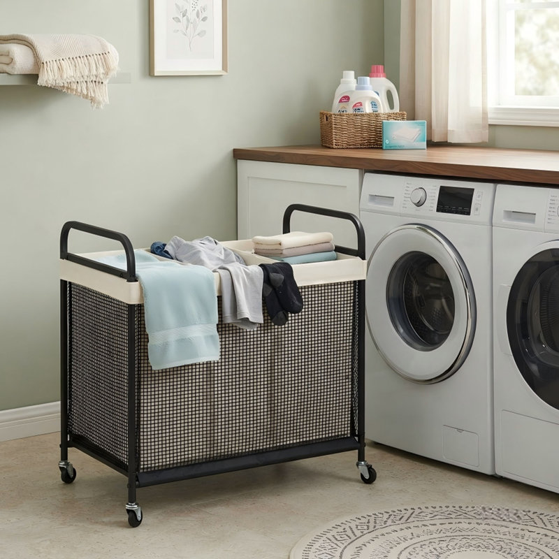 Panier à linge sur roulettes 3 sections avec doublure lavable et roulettes