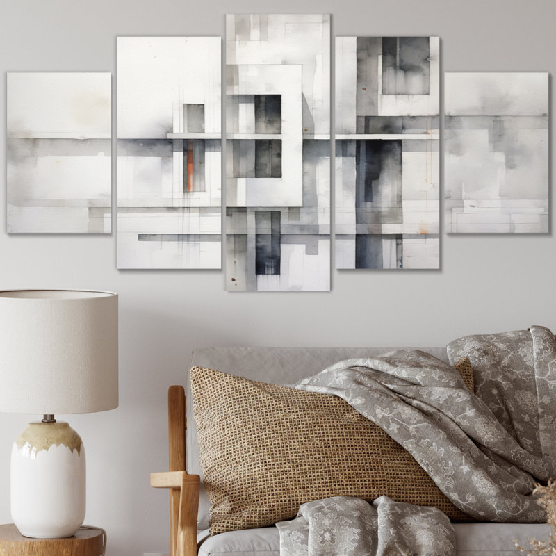 Gris abstrait Zen III - Art mural minimaliste, salon - 5 panneaux