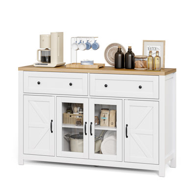  55" Farmhouse Sideboard with 2 Glass Doors, 2 Large Drawers and Adjustable Shelves, Storage for Dining Room, Kitchen, Living Room