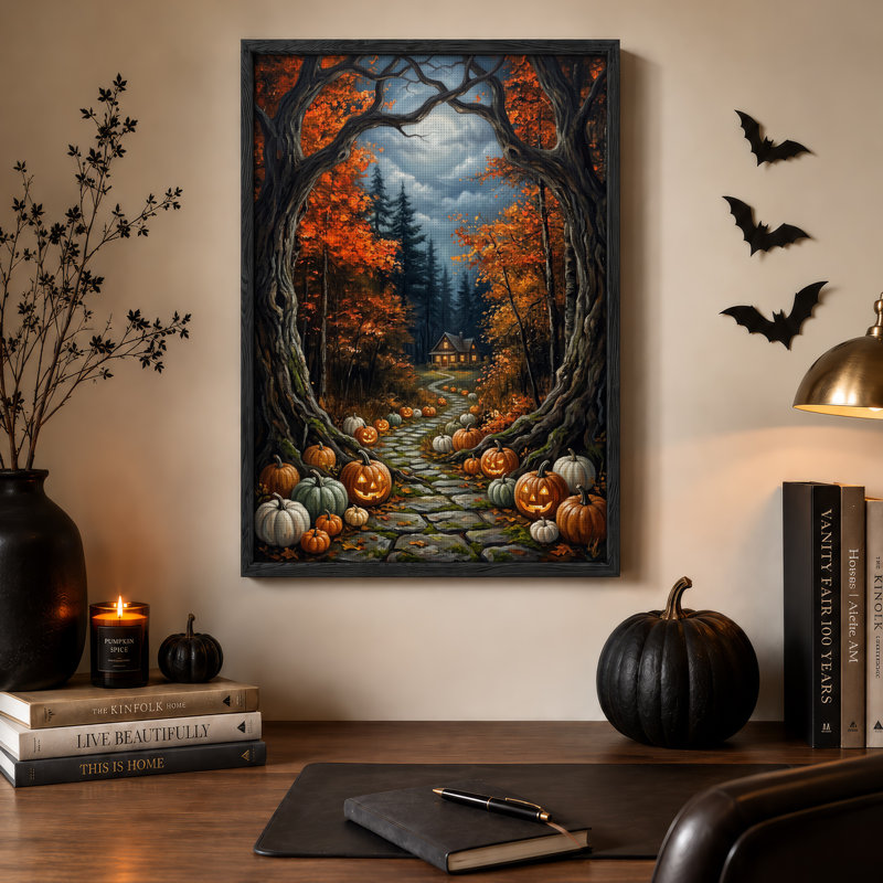Chemin d'automne au clair de lune avec citrouilles lumineuses et toile murale illuminée pour l'Halloween, 48"H x 32"W