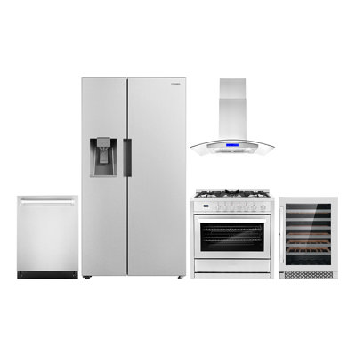 Cosmo 5 Piece Kitchen Appliance Package with Side By Side Refrigerator 35.8'' Gas Freestanding Built-In Wall Mount Range Hood