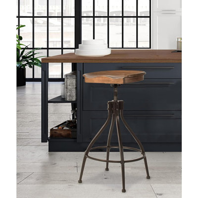 Tabouret réglable en métal sans dossier avec siège en bois brun