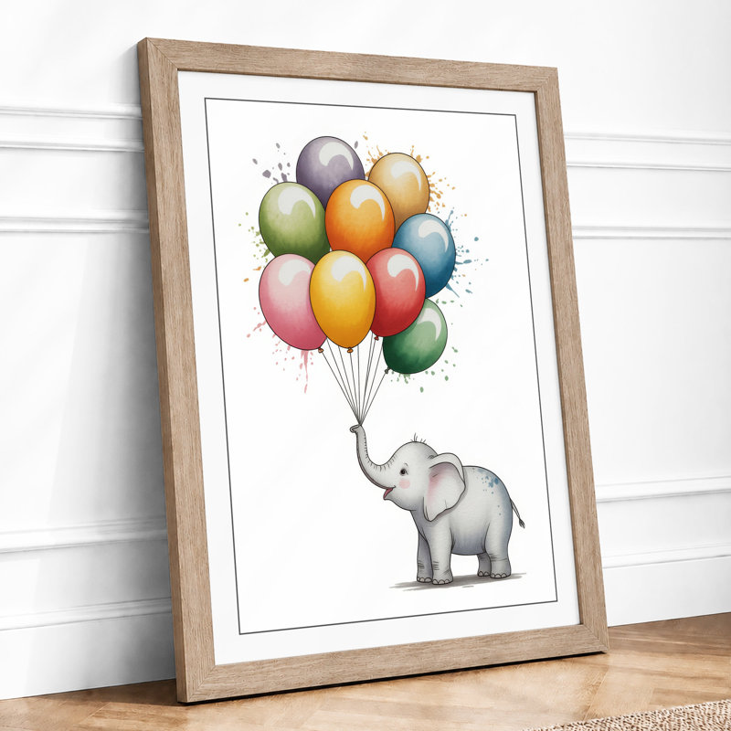Elephant with Balloons Whimsical - Framed Print, A2 - 59.4 x 42.0 cm, Oak