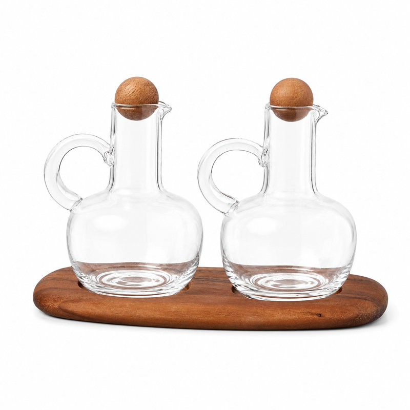 Huilier et vinaigrier avec plateau en acacia