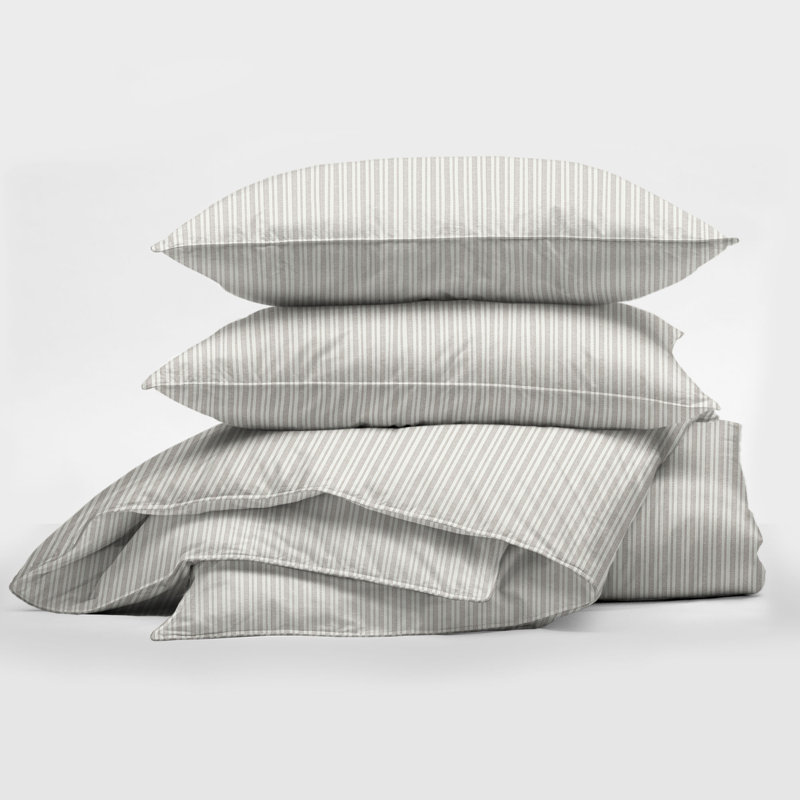 Pacific Stripe Reversible Cotton Comforter Set, Queen Comforter + 2 Queen Shams, Mushroom
