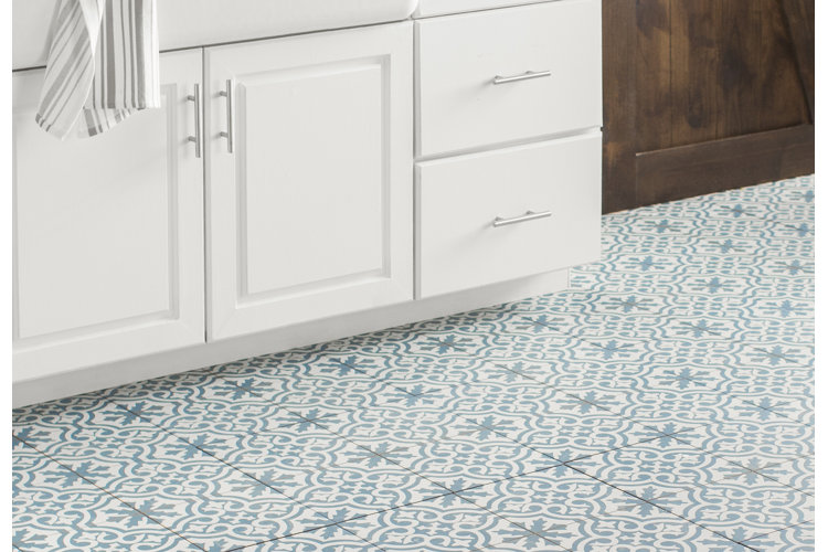 blue and white tile bathroom floor