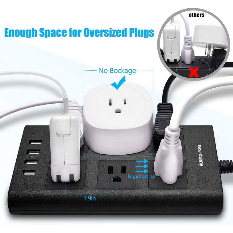 10FT Ultra-Thin Extension Cord,6 Wide-Spaced Outlets 3 USB Ports