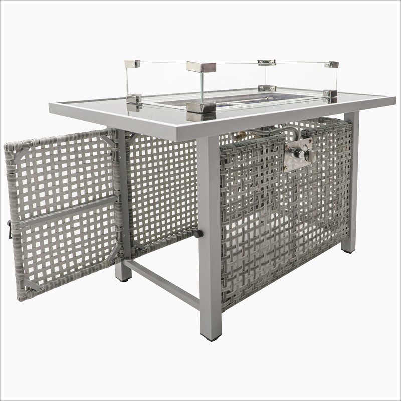 K&K 43" Propane Gas Fire Pit Table, 60000 BTU Rectangular Open Weave Wicker Fire Pit with Glass Wind Guard for Outside Patio Deck Garden Backyard - Grey