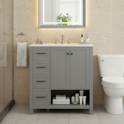 Meuble-lavabo simple 30 po avec comptoir d'évier Farmhouse, armoire autoportante avec 2 portes, 2 tiroirs et tablette ouverte, bois massif et panneau de fibres à densité moyenne, gris