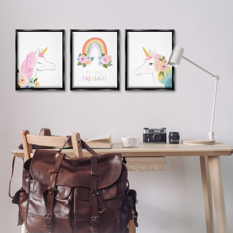 Ensemble de toiles 3 pièces «Let Chase Rainbows Unicorns» par Jenaya Jackson, Cadre flottant noir de jais, H 21 po x l 17 po
