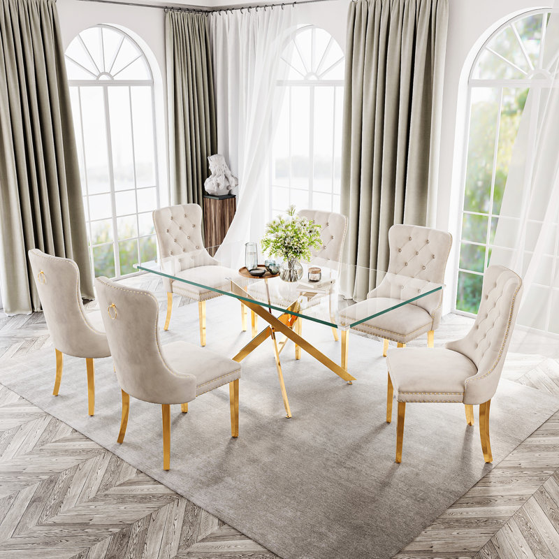 Modern Stainless Metal Base And Rectangle Glass Dining Table Set With Luxury Velvet Dining Chairs, Gold, White/Gold