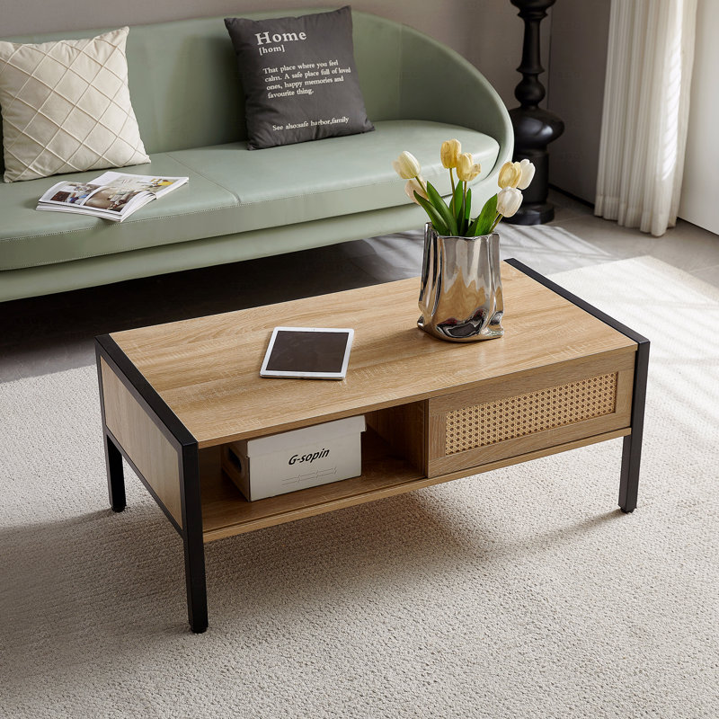 Table basse de 40,16 po en rotin avec porte coulissante et pieds en métal